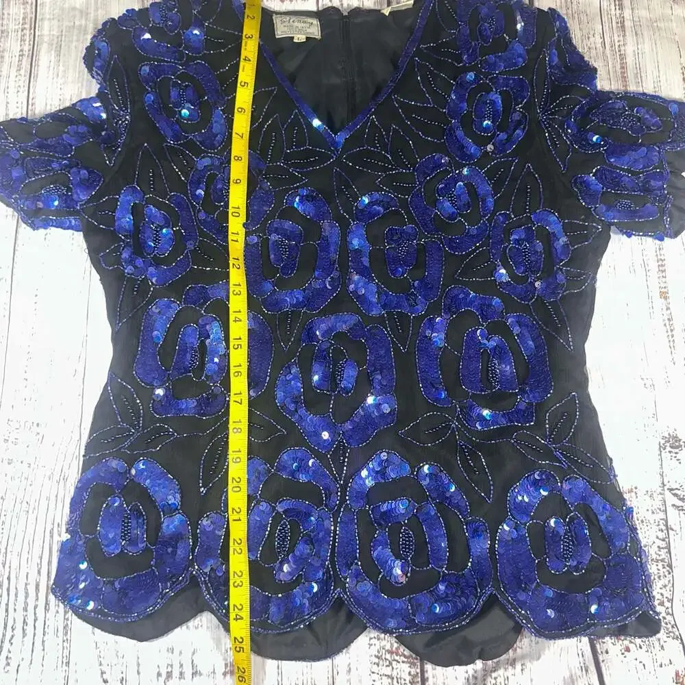 Stenay Vintage 100% Silk Blue Sequin Beaded Floral Rose Top Y2k Glam-L - Picture 4 of 5